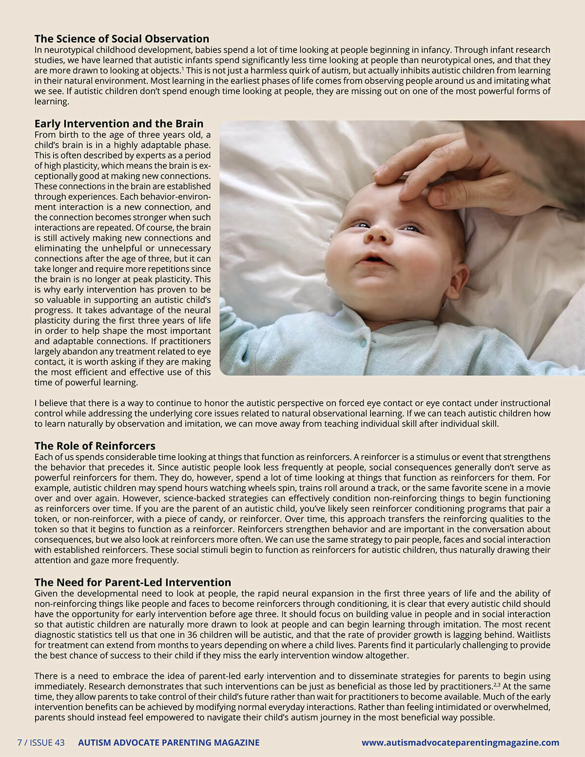 Second page of an article detailing 'The Science of Social Observation' and the impact of early intervention on brain development in autism. It includes an image of an infant gazing upward while lying on a blanket, exemplifying early life learning and observation. Published in Autism Advocate Parenting Magazine, Issue 43.