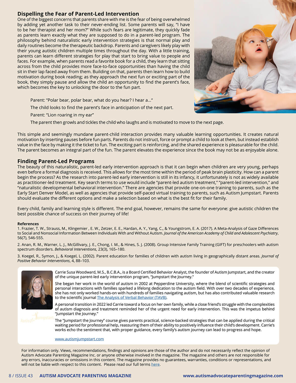 Third page of an article discussing 'Dispelling the Fear of Parent-Led Intervention' in autism treatment, with a sidebar featuring Carrie Susa Woodward, M.S., B.C.B.A. It includes an image of a mother reading to her young child, emphasizing the importance of natural play and parent involvement. Published in Autism Advocate Parenting Magazine, Issue 43.