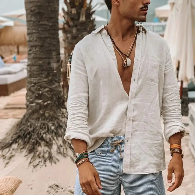 Camisa de lino y algodón vintage de verano para hombre, informal, manga larga