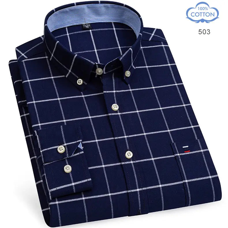 Camisas Oxford 100% puro algodón para hombre a cuadros de manga larga