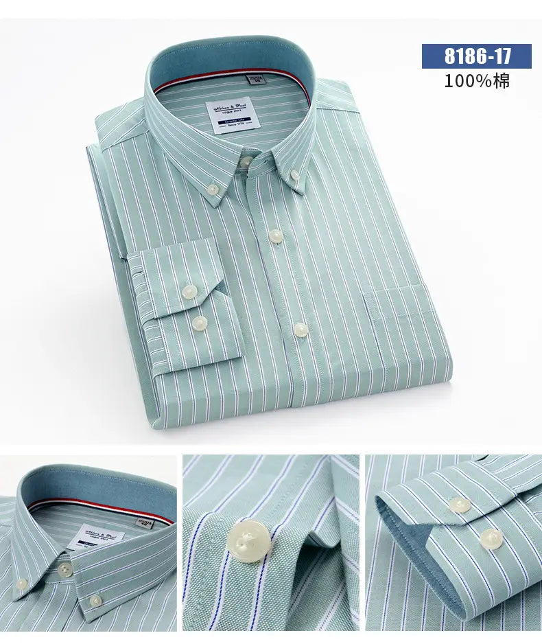 Parte delantera de camisa informal a rayas a cuadros Oxford de manga larga para hombre