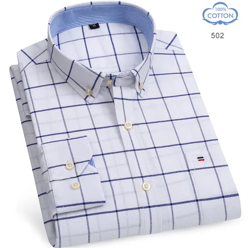 100% Pure Cotton Oxford Shirts for Men Long Sleeve Plaid