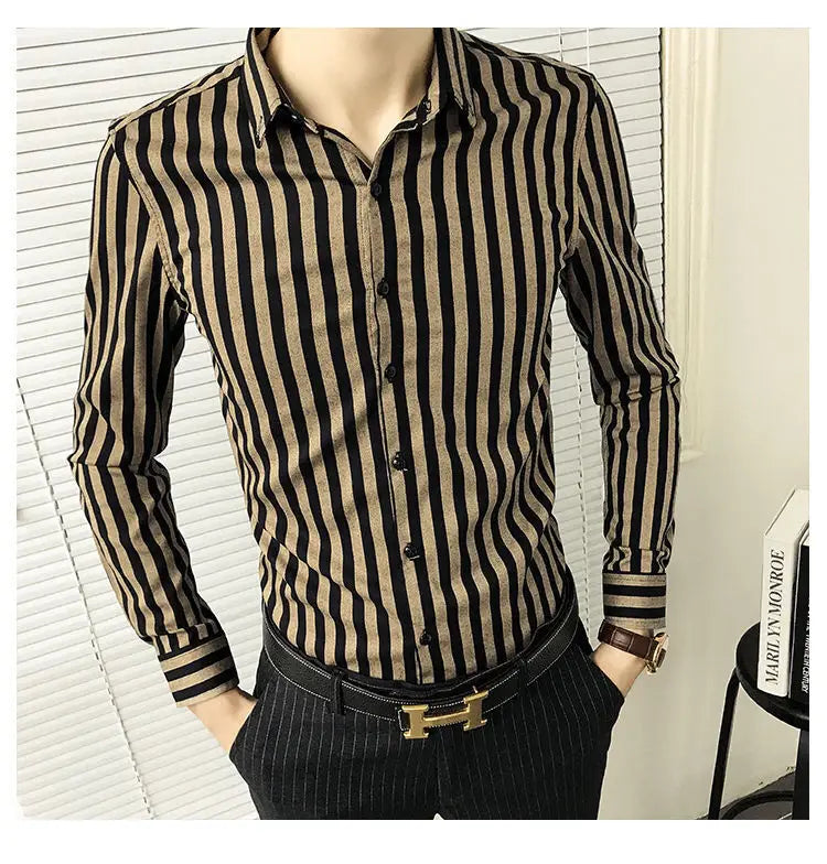 Men’s Striped Shirt with Pocket Long Sleeve Shirts All-Match