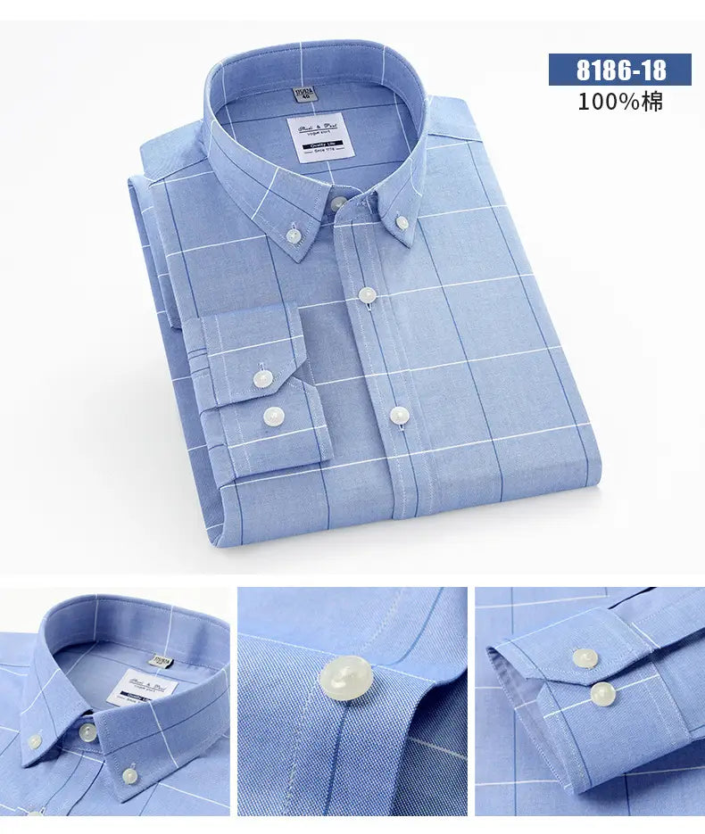 Parte delantera de camisa informal a rayas a cuadros Oxford de manga larga para hombre