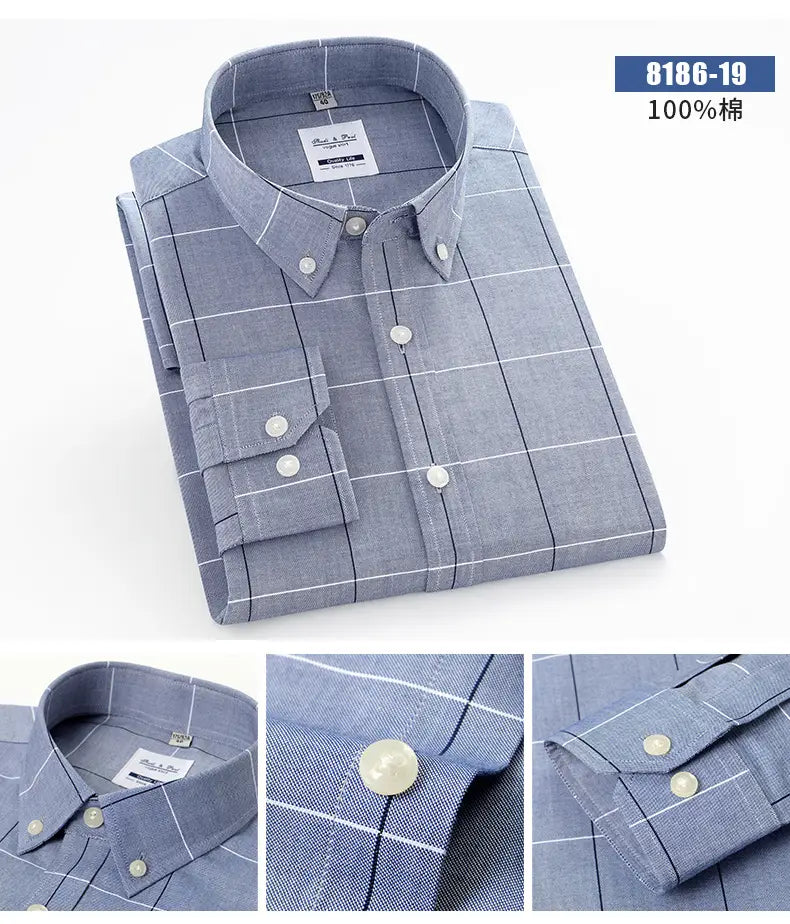 Parte delantera de camisa informal a rayas a cuadros Oxford de manga larga para hombre