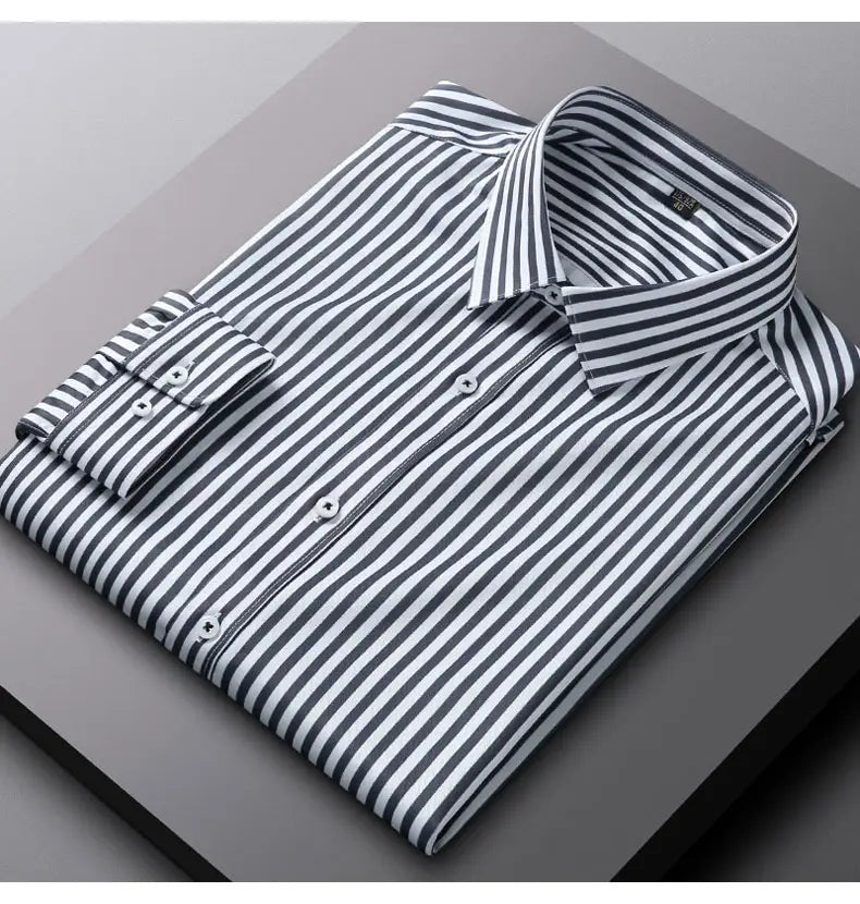 Men Long Sleeve Stripe Stretch Dress Shirt Luxury Non-iron