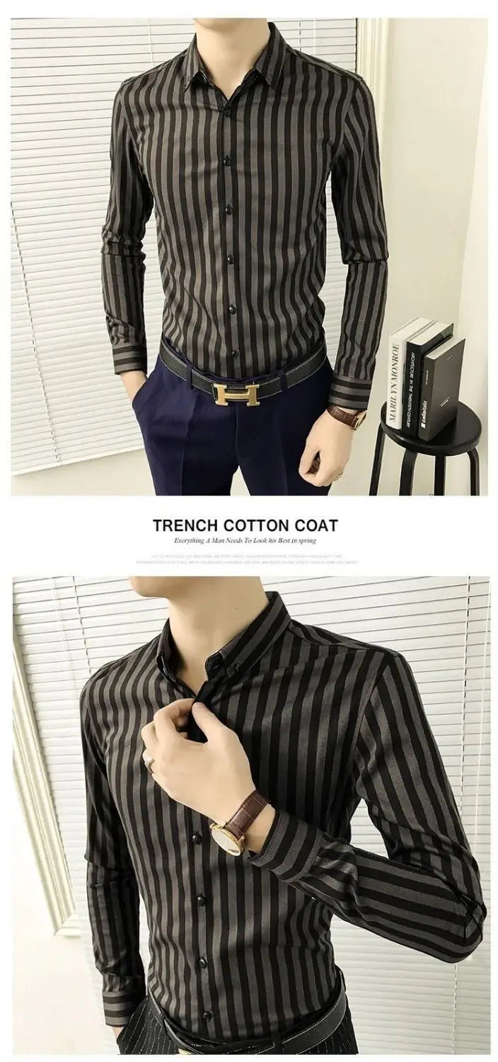 Men’s Striped Shirt with Pocket Long Sleeve Shirts All-Match
