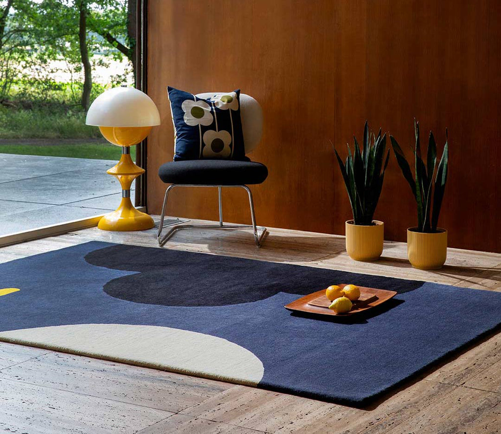 Orla Kiely blue floor rug, 100% wool, styled in a contemporary home