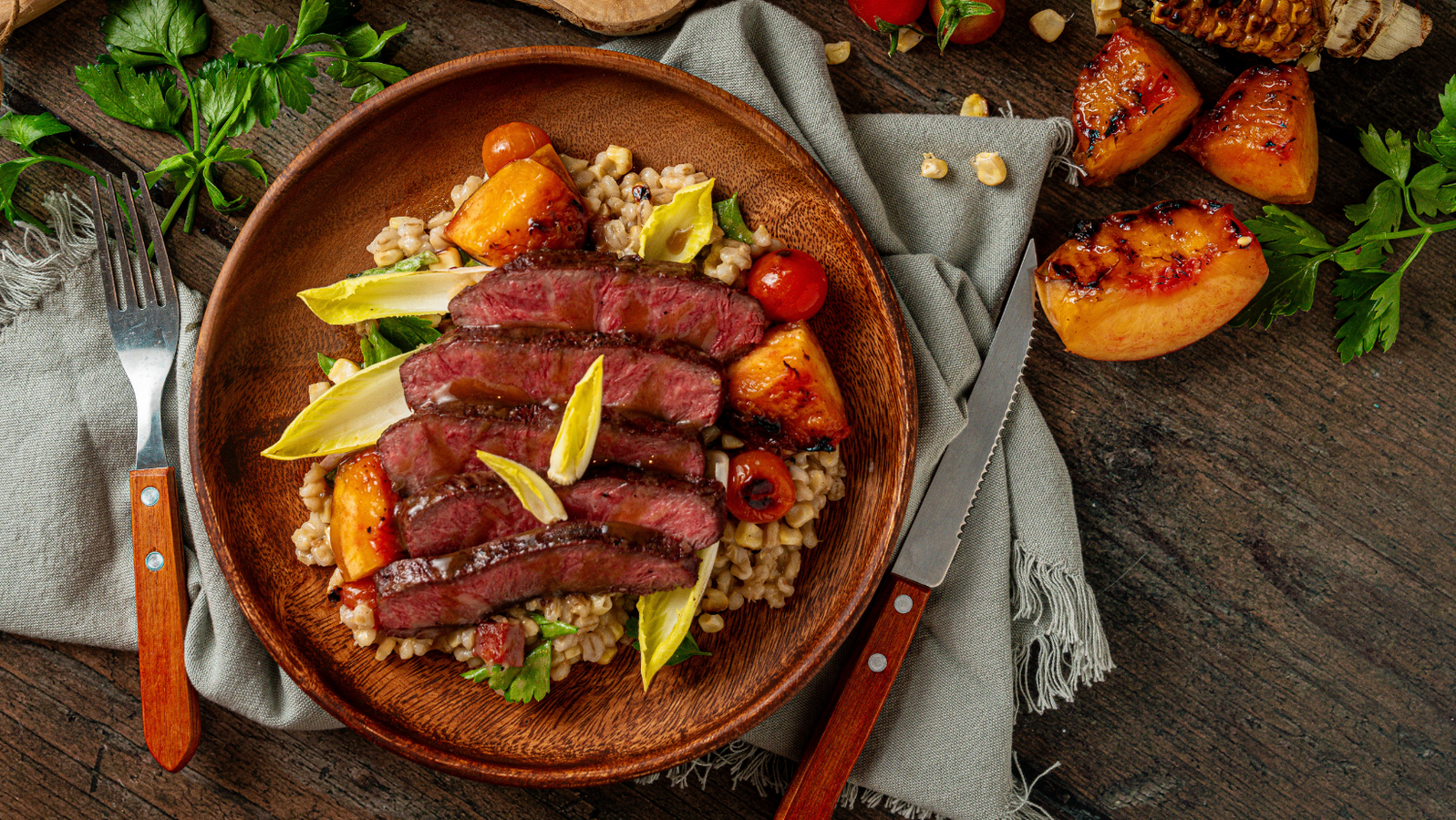 Image of Grilled Steak with Sweet Corn and Barley Salad