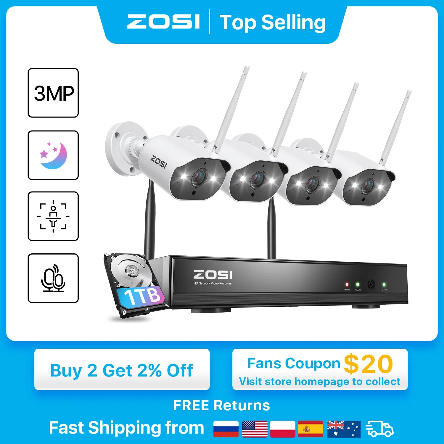 ZOSI 3MP Wireless Security Cameras System 8 channel Outdoor WiFi