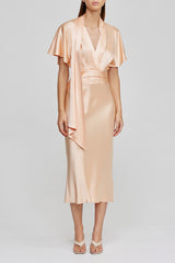 Acler peach midi dress - cut to be fitted at the bodice and relaxed throughout with plunging neckline, draping fabrication from the collar and relaxed sleeves. 