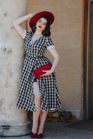 Checkered Dress, Red Handbag And Hat