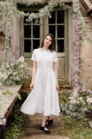 Classic Dress with Embroidered Meadow Peter Pan Collar, White Magnolia