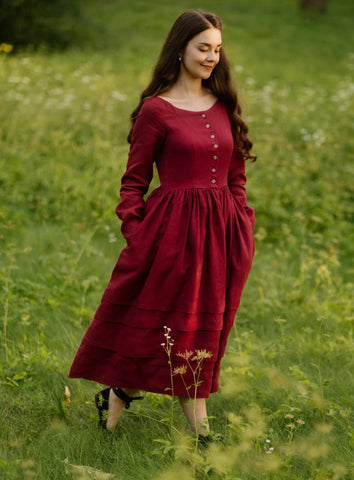 Eyre Dress, Long Sleeves, Marsala Red