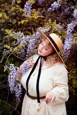 Long White Dress With Black Belt and Black Ribbon Sun Hat