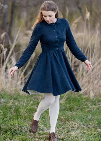 Mini Classic Dress, Long Sleeves, Twill Linen, Night Navy