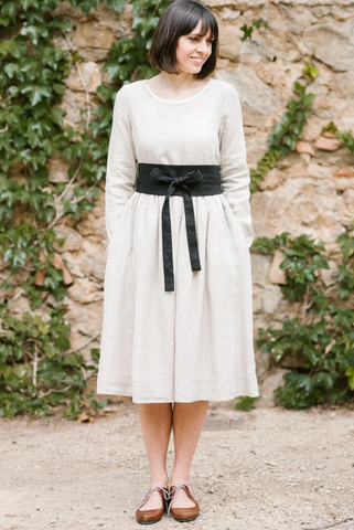 Simple Long Sleeve White Dress With Black Ribbon Belt