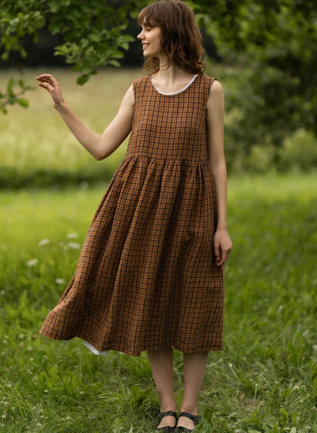 Smock Dress, Sleeveless, Brown Tartan