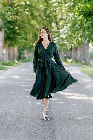 Tailored Wrap Dress, Long Sleeves, Evergreen
