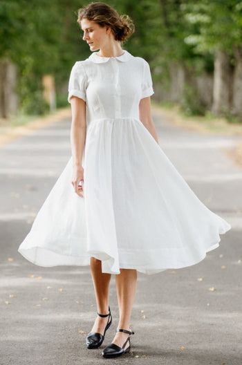 Classic Dress with Embroidered Meadow Collar, Short Sleeve