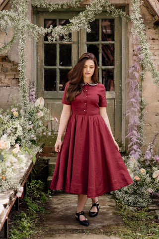 Classic Dress with Embroidered Meadow Peter Pan Collar, Marsala Red