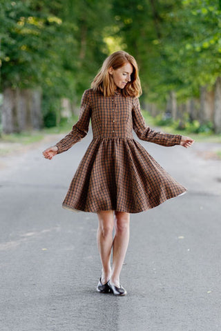 Mini Classic Dress, Short Sleeves, Brown Checkers
