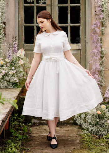 Classic Dress with Embroidered Meadow Collar, Short Sleeve