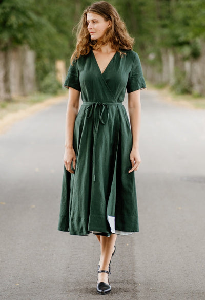 Wrap Dress, Short Sleeve - Son de Flor#color_evergreen