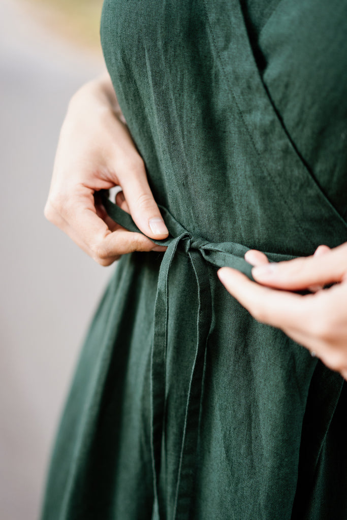 Baltic linen wrap dress with waist belt, up close image of a belt