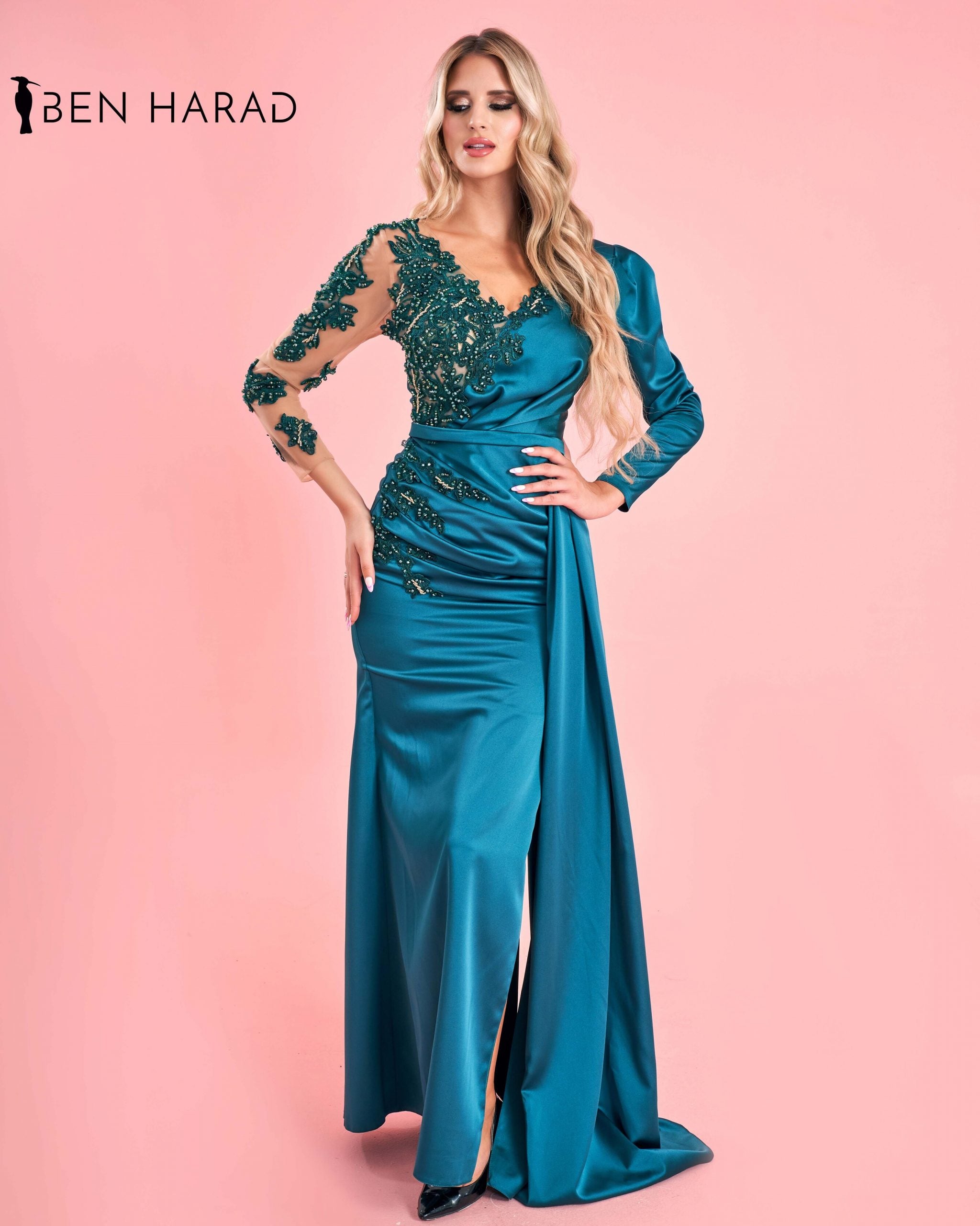 Turquoise Deep V Neck Embroidered Satin Dress – BenHarad