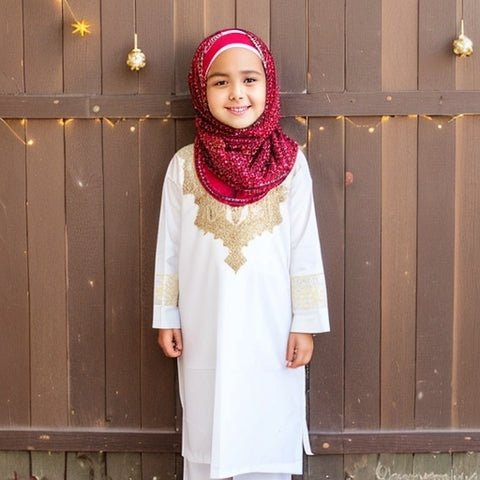 Young muslim girl standing in front of a fence wearing Urban Ethnica Eid outfit