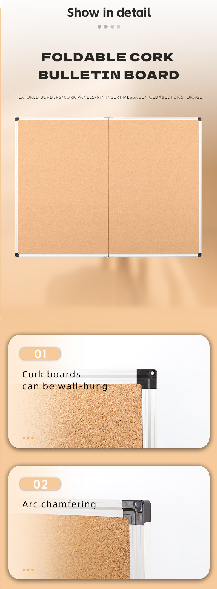 90x120 CM Wall-Mounted Foldable Cork Bulletin Board