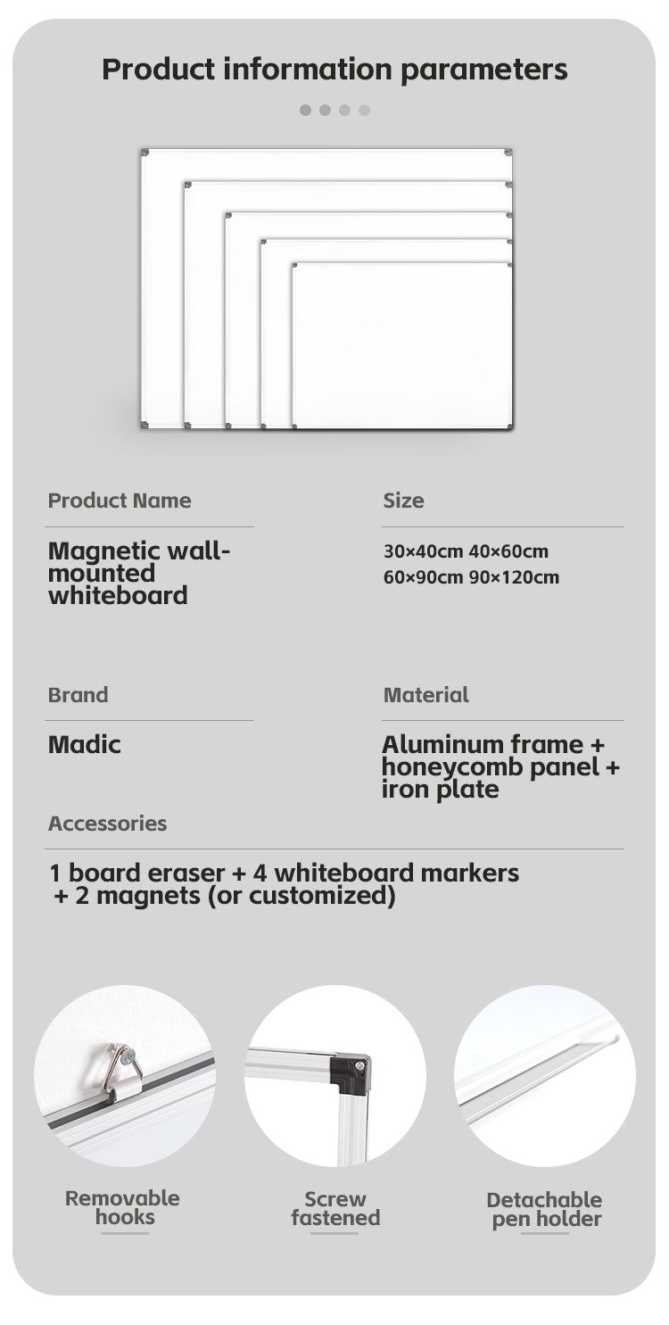 Aluminum frame with 4 movable hooks, bidirectional magnetic whiteboard