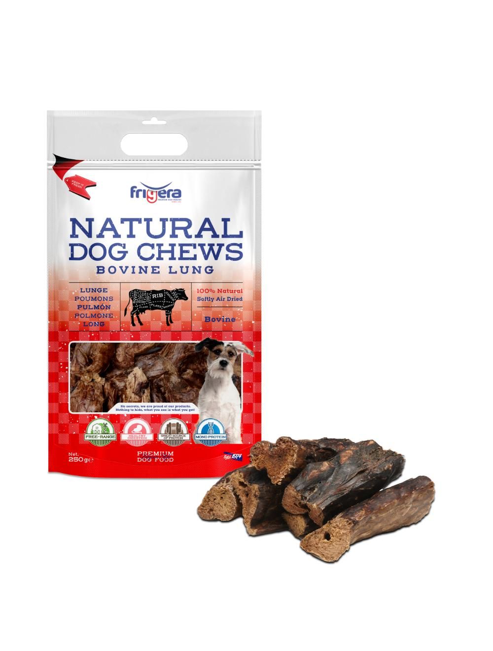 Se Meldgaard - Natural Dog Chews Okselunge 250g - Dog Treats hos Petpower.dk