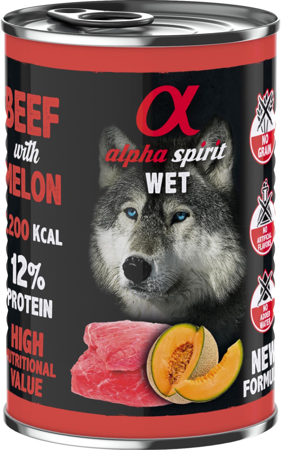 Se AlphaSpirit Oksekød med Melon 400 g, Vådfoder hos Petpower.dk