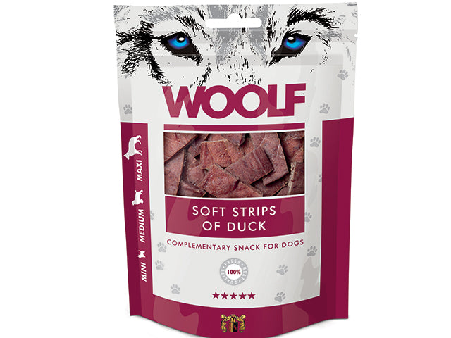 Se Qpet - Woolf Soft strips med And 100g Godbidder - Dog Treats hos Petpower.dk