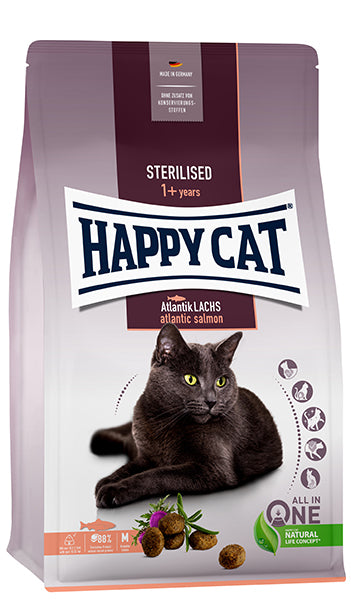 Se Happy Cat Sterilised Adult Laks 10 kg Kattefoder hos Petpower.dk