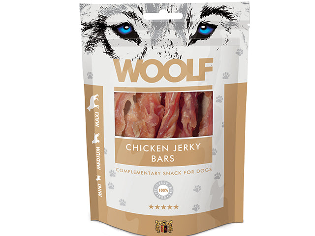 Se Woolf Kylling Jerky Sticks 100g Hundegodbidder hos Petpower.dk