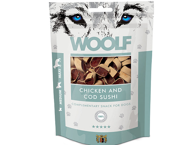 Se Qpet - Woolf Sushi med Kylling og Torsk 100g Hundegodbidder - Dog Treats hos Petpower.dk