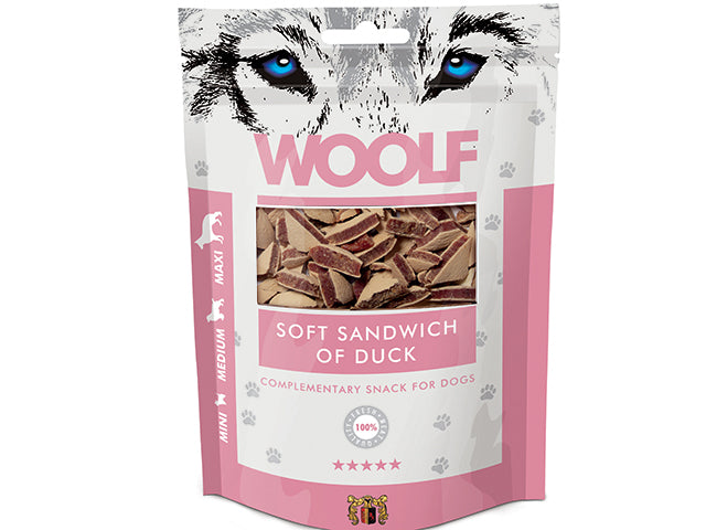 Se Woolf Sandwich med And 100g, kornfri, Lavt fedtindhold hos Petpower.dk