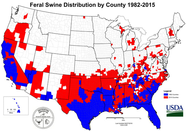 wild boars feral pigs hogs map usa over time