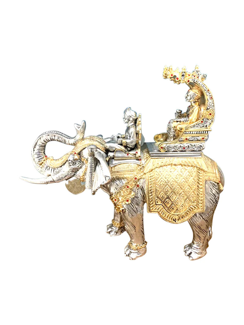Elephant With Maharaja sitting made of gold and silver resin