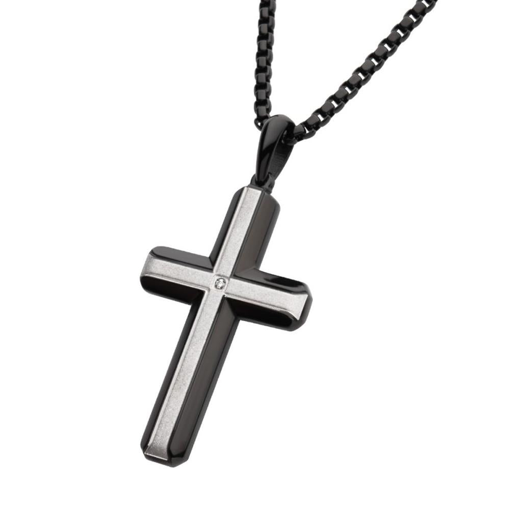 Black Plated Damascus Steel Cross with Wood Inlay - Jewelry By Designs