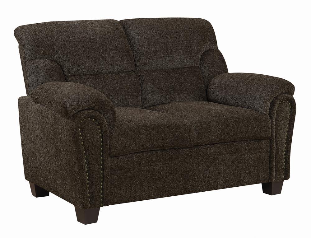 Brown Clementine Loveseat Upholstered with Elegant Nailhead Trim