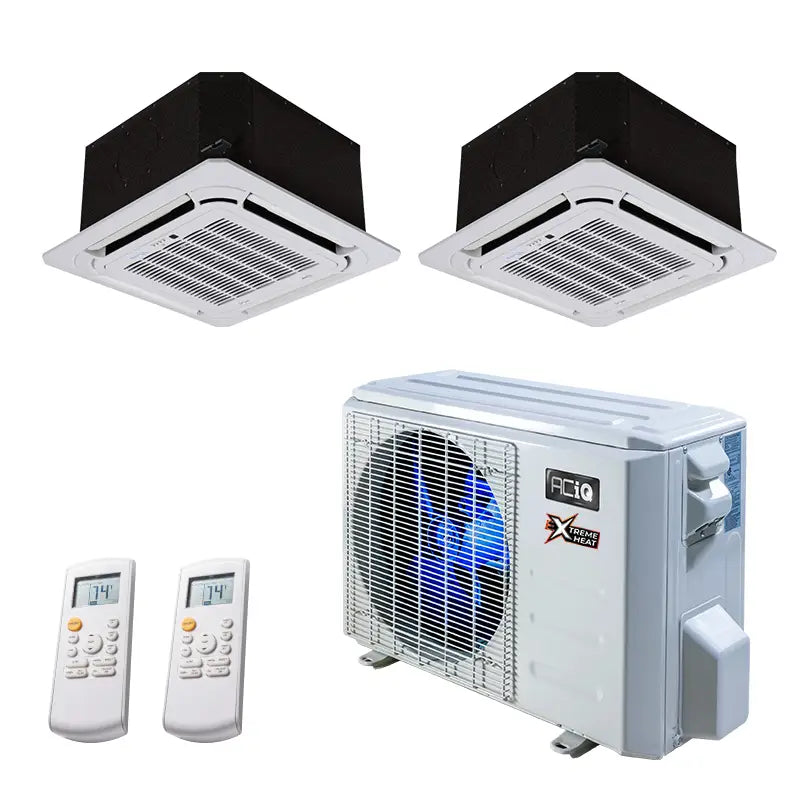 27,000 BTU 23 SEER2 ACiQ 2-Zone Ceiling Cassette Mini Split System w/ Extreme Heat - 9+18