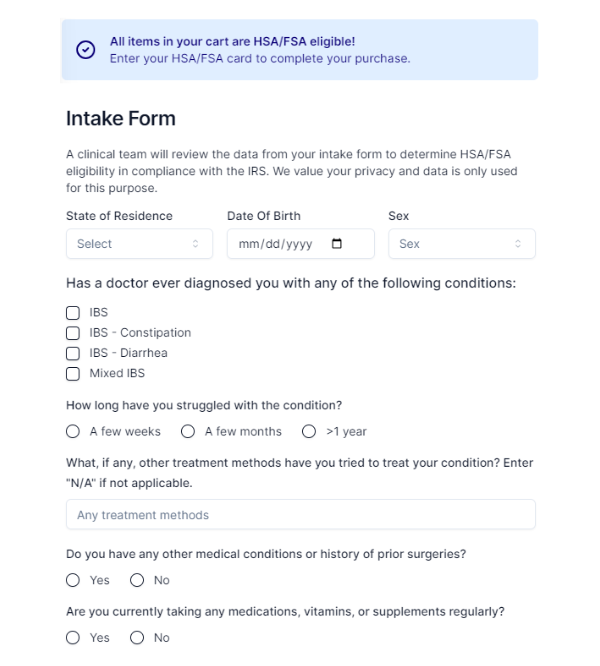 Medical intake form for HSA/FSA eligibility, including questions on IBS diagnosis, treatment, other conditions, and medication use.