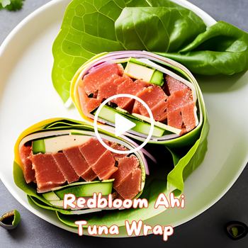 A colorful ahi tuna wrap with vegetables, presented on a white plate.