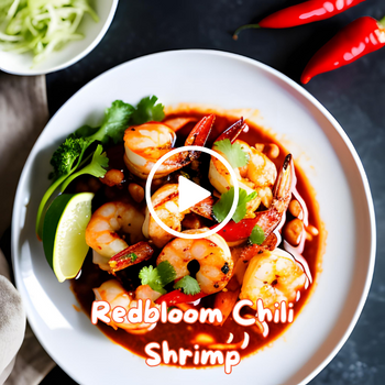 Spicy chili shrimp dish with lime and herbs on a plate with a play button overlay suggesting video content.