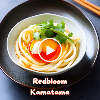 A bowl of Udon noodles with egg yolk and garnish, overlaid with a play button and text 'Redbloom Kamatama.'
