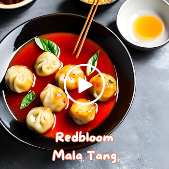 Photo of a bowl of Redbloom Mala Tang with dumplings and chopsticks.